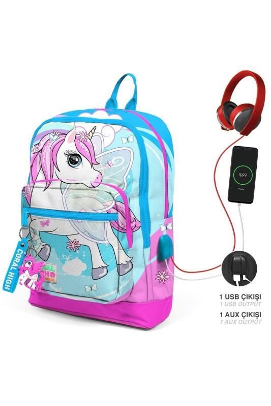 Coral High Kids Coral High Kids Mavi Neon Pembe Unicorn Desenli Dört Bölmeli USB'li Okul Sırt Çantası 23811