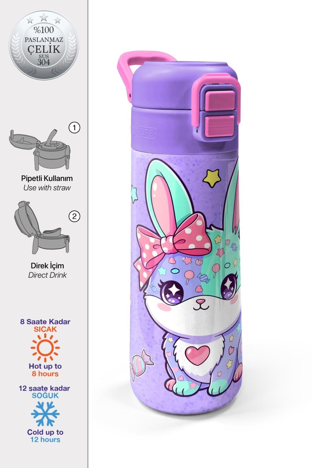 Coral High Kids Milka Su Yeşili Tavşan Desenli Pipetli ve Direkt İçim Çelik Termos 500 ml 38137