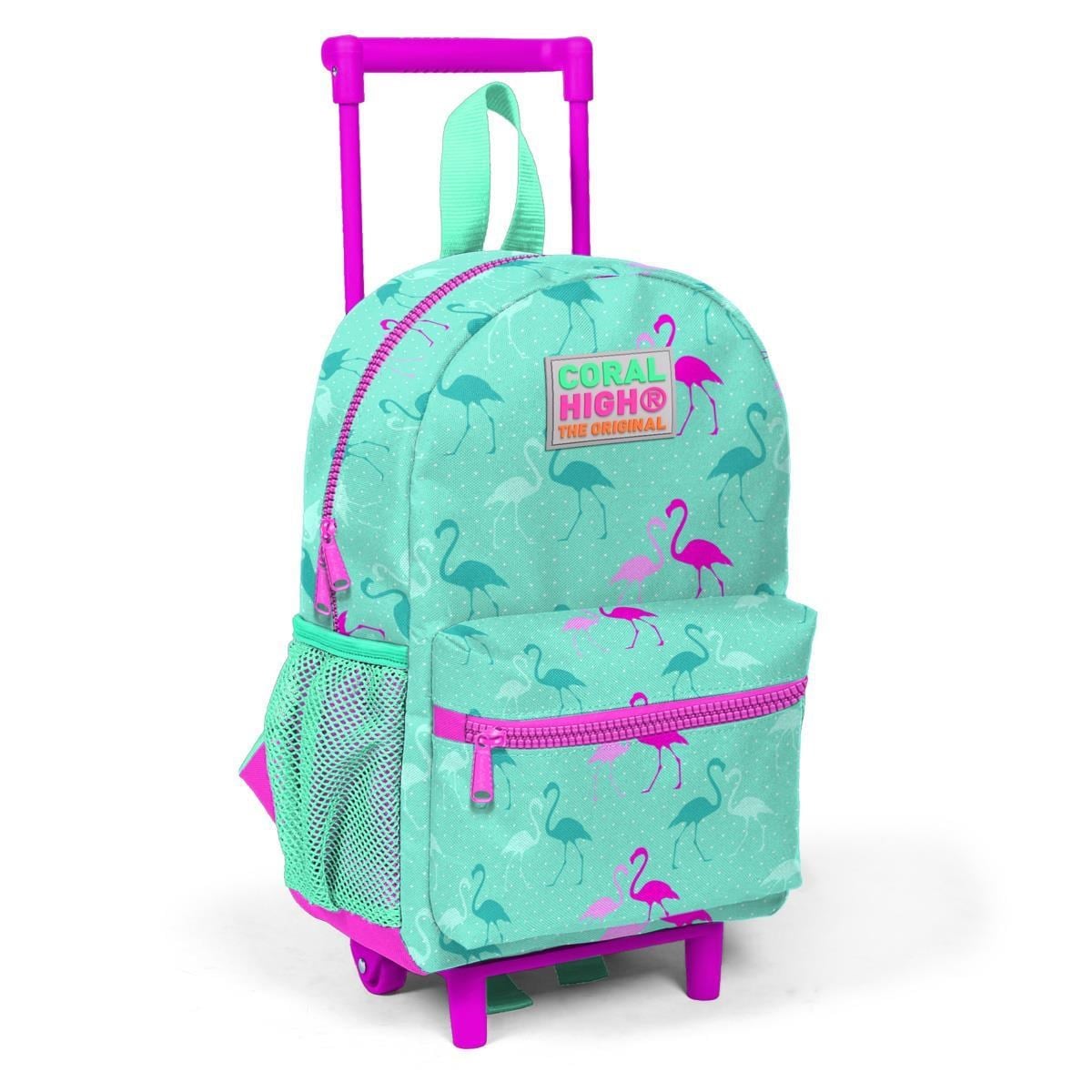 Coral High Kids Minik Yuva Çekçekli Sırt Çantası Su Yeşili Neon Pembe Flamingo Desenli İki Bölmeli 24004