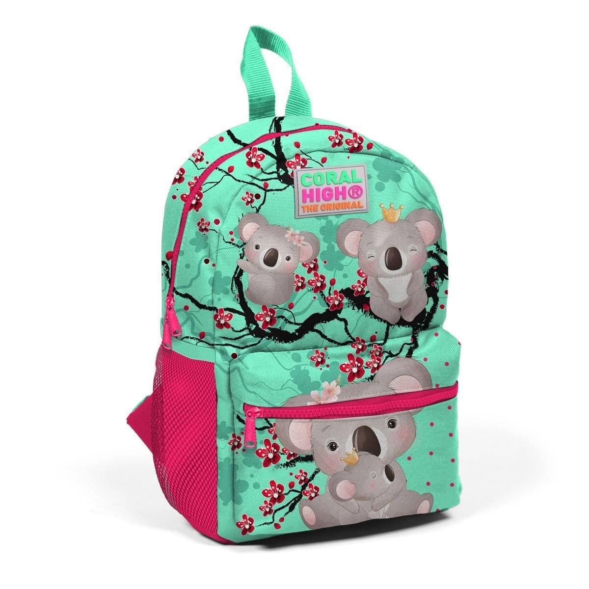 Coral High Kids Minik Yuva Sırt Çantası Su Yeşili Neon Mercan Koala Desenli İki Bölmeli 23513