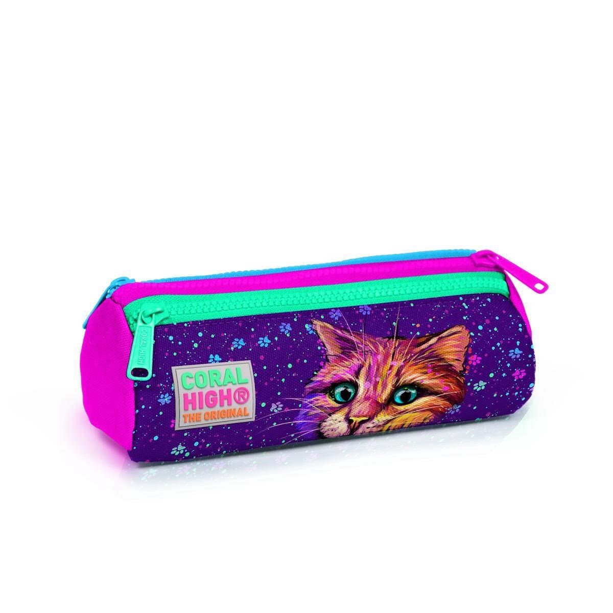 Coral High Kids Mor Pembe Kedi Desenli Üç Bölmeli Kalem Çantası 22032