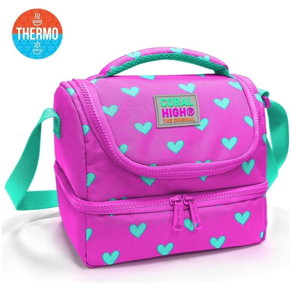 Coral High Kids Neon Pembe Su Yeşili Kalpj Desenli Thermo İki Katlı Beslenme Çantası 37212