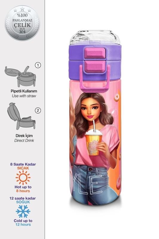 Coral High Kids Pembe Mercan Fashion Girl Desenli Pipetli ve Direkt İçim Çelik Termos 500 ml 31869