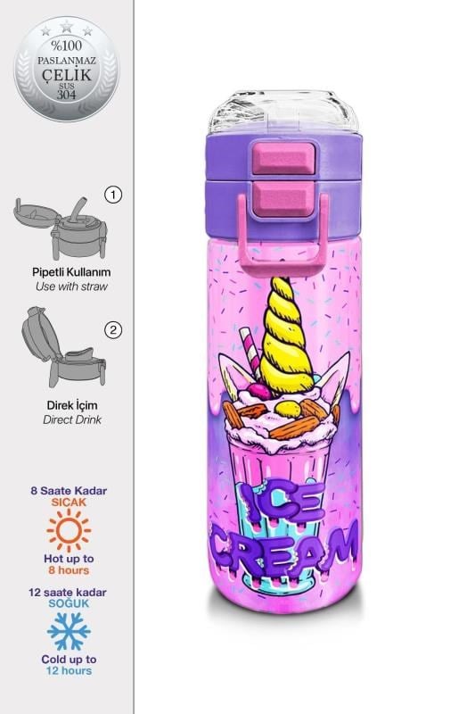 Coral High Kids Pembe Mor Milkshake Dondurma Desenli Pipetli ve Direkt İçim Çelik Termos 500 ml 31950