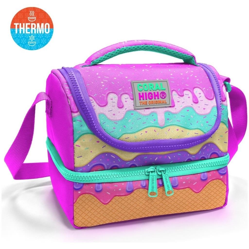 Coral High Kids Pembe Rengarenk Dondurma Desenli Thermo İki Katlı Beslenme Çantası 37211