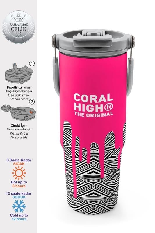 Coral High Kids Pembe Siyah Beyaz Desenli Pipetli ve Direkt İçim Çelik Termos 900 ml 38718