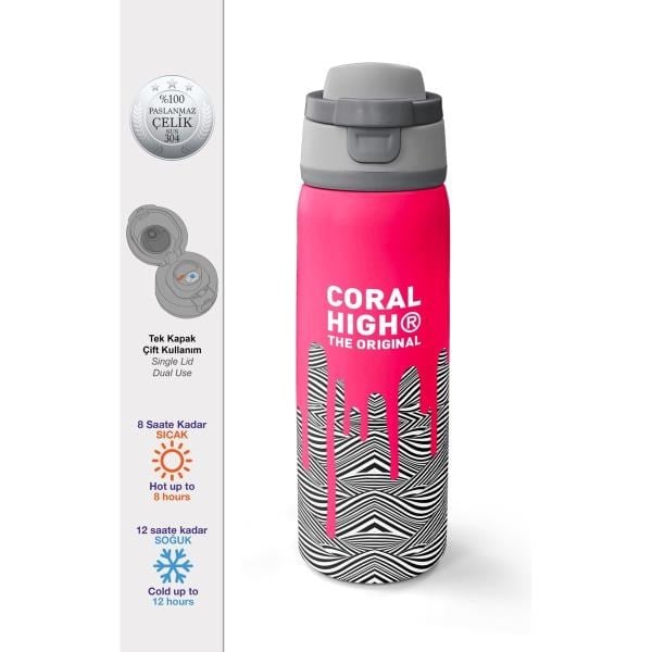 Coral High Kids Pembe Siyah Beyaz Desenli Pipetli ve Direkt İçim Çelik Termos 800 ml 38539