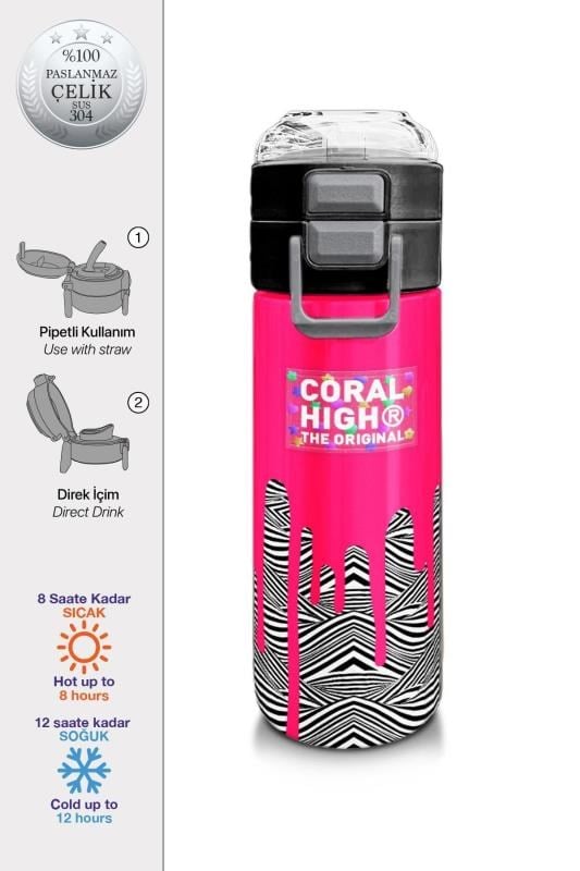 Coral High Kids Pembe Siyah Beyaz Desenli Pipetli ve Direkt İçim Çelik Termos 500 ml 31878