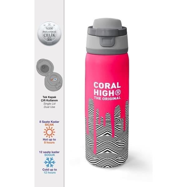 Coral High Kids Pembe Siyah Beyaz Desenli Pipetli ve Direkt İçim Çelik Termos 800 ml 38539