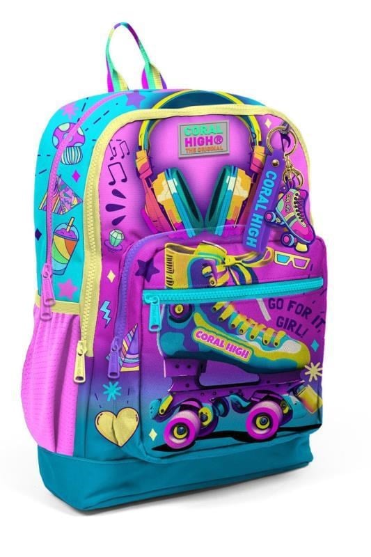 Coral High Kids Pembe Turkuaz Kulaklık Paten Desenli Okul Sırt Çantası 23754