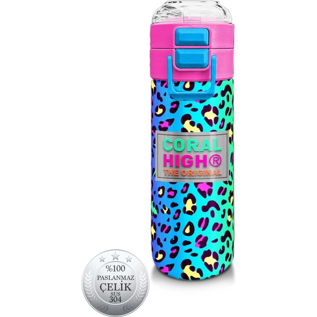 Coral High Kids Renkli Leopar Desenli Pipetli ve Direk İçimli Paslanmaz Çelik Termos 500 ML 31985