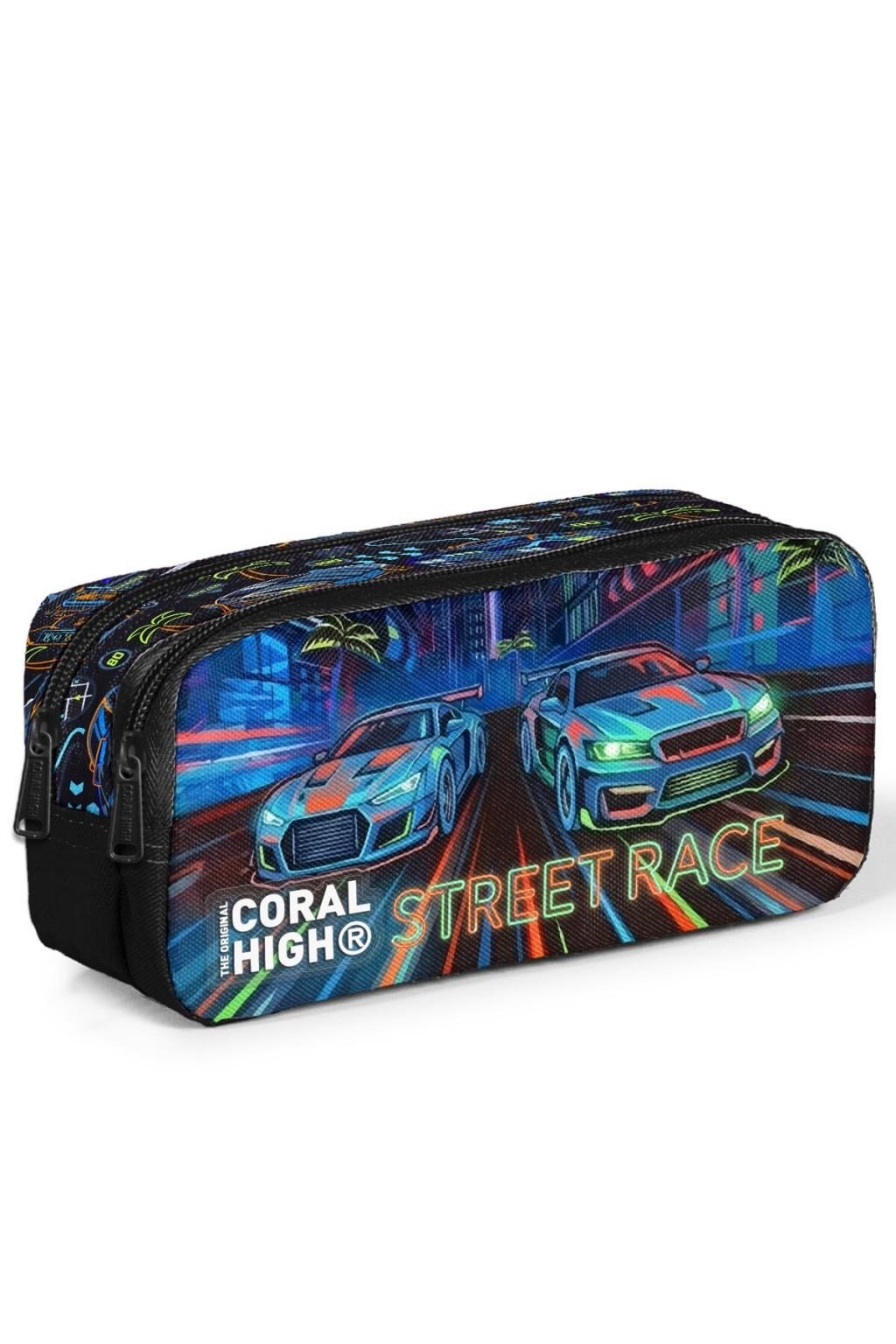 Coral High Kids Renkli Yarış Arabası Desenli İki Bölmeli Kalem Çantası 31059