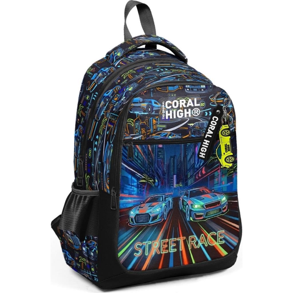 Coral High Kids Renkli Yarış Arabası Desenli Üç Bölmeli Okul Sırt Çantası 33259