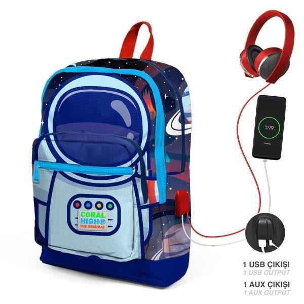 Coral High Kids Saks Mavi Astronot Desenli Dört Bölmeli USB'li Okul Sırt Çantası 23824