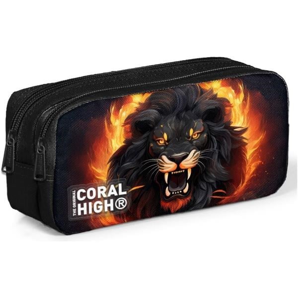 Coral High Kids Siyah Aslan Desenli İki Bölmeli Kalem Çantası 22146