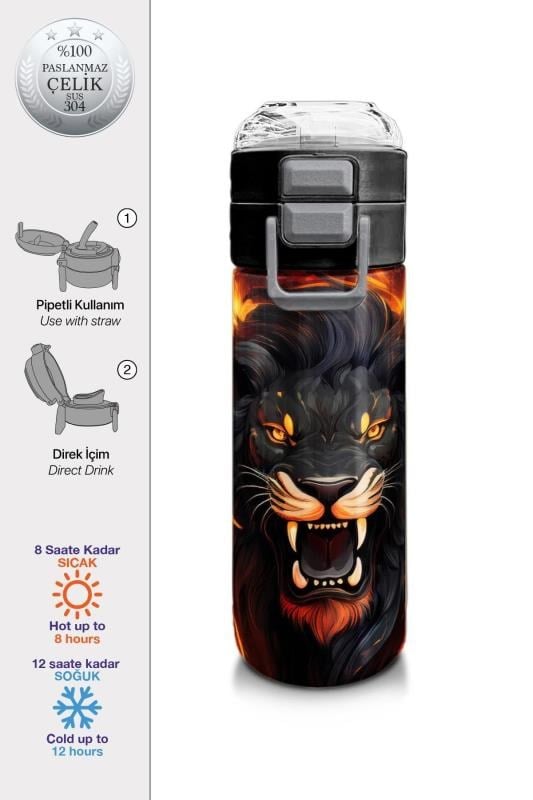 Coral High Kids Siyah Aslan Desenli Pipetli ve Direkt İçim Çelik Termos 500 ml 31871