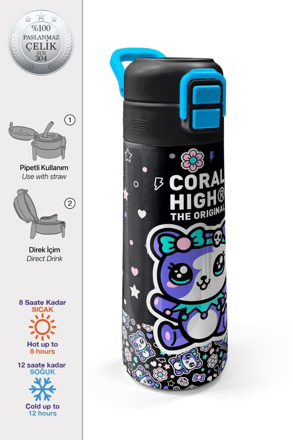 Coral High Kids Siyah Ayıcık Desenli Pipetli ve Direkt İçim Çelik Termos 500 ml 38124