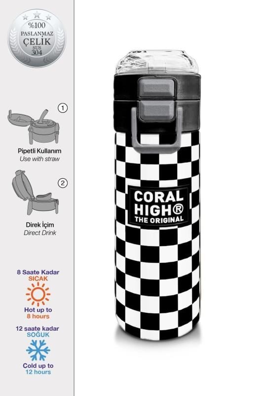 Coral High Kids Siyah Beyaz Dama Desenli Pipetli ve Direkt İçim Çelik Termos 500 ml 31877
