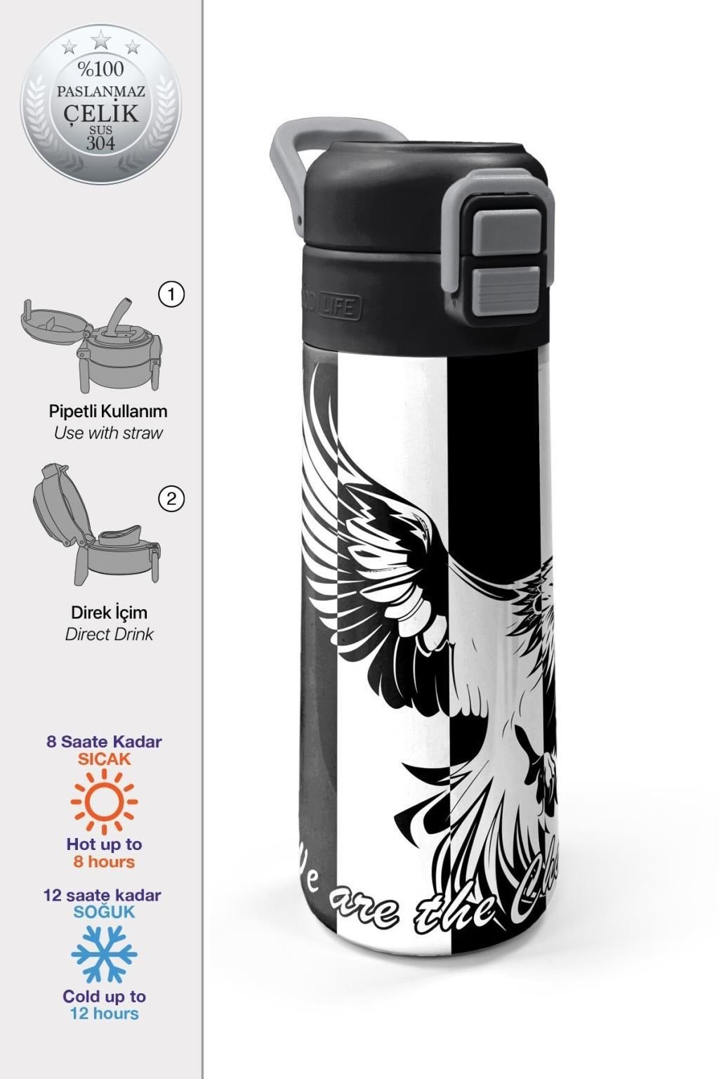 Coral High Kids Siyah Beyaz Kartal Taraftar Desenli Pipetli ve Direkt İçim Çelik Termos 500 ml 31789
