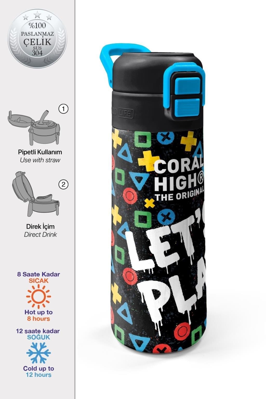 Coral High Kids Siyah Lets Play Desenli Pipetli ve Direkt İçim Çelik Termos 500 ml 38114