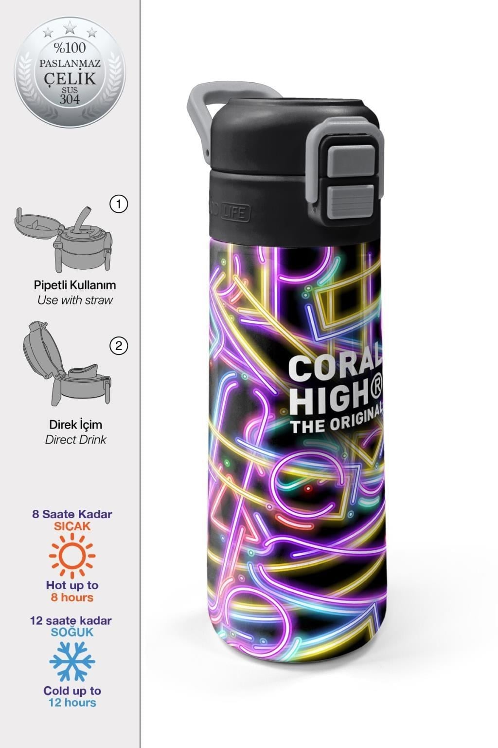 Coral High Kids Siyah Renkli Neon Desenli Pipetli ve Direkt İçim Çelik Termos 500 ml 38130