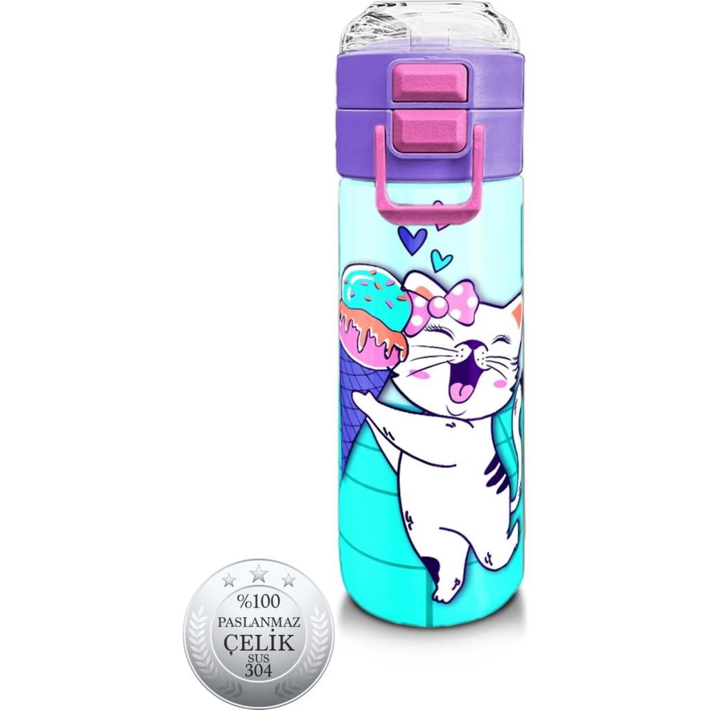 Coral High Kids Turkuaz Pembe Dondurmalı Desenli Pipetli ve Direkt İçim Çelik Termos 500 ml 31952