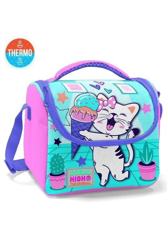 Coral High Kids Turkuaz Pembe Dondurmalı Kedi Desenli Thermo Beslenme Çantası 11751