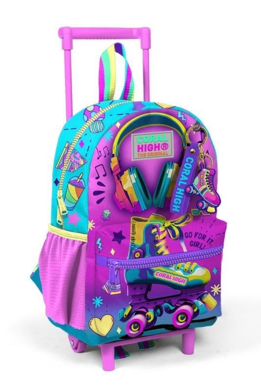 Coral High Minik Yuva Çekçekli Sırt Çantası Pembe Turkuaz Kulaklık Paten Desenli İki Bölmeli 24054