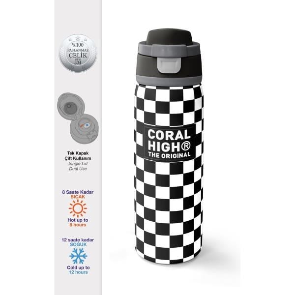 Coral High Siyah Beyaz Dama Desenli Pipetli ve Direkt İçim Çelik Termos 800 ml 38538