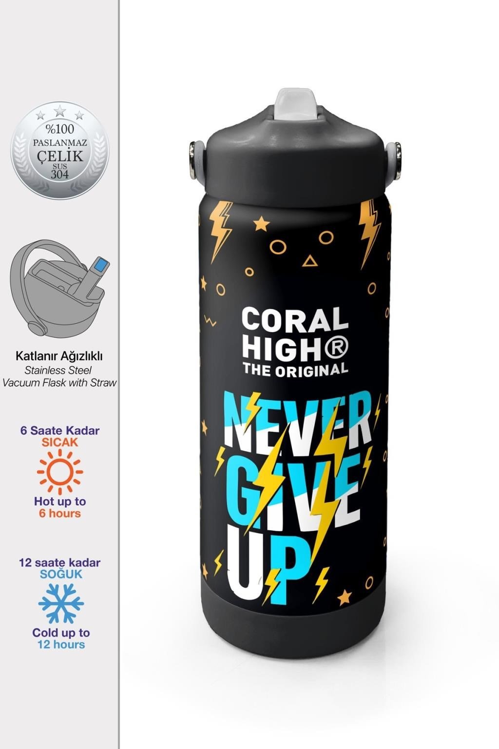 Coral High Siyah Never Give Up Desenli Katlanır Ağızlıklı Çelik Termos 650 ml 38320