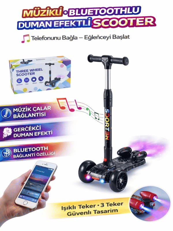 CToy 3 Tekerlekli Duman Efektli Bluetoothlu LED Işıklı Müzikli Çocuk Scooter (3-9 Yaş) – Siyah Mermer