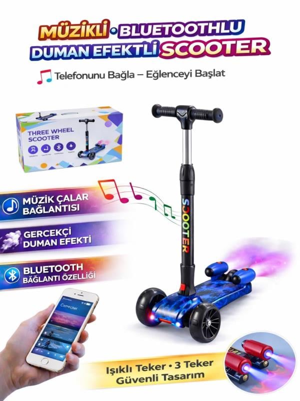 CToy 3 Tekerlekli Duman Efektli Bluetoothlu LED Işıklı Müzikli Çocuk Scooter (3-9 Yaş) – Mavi Mermer