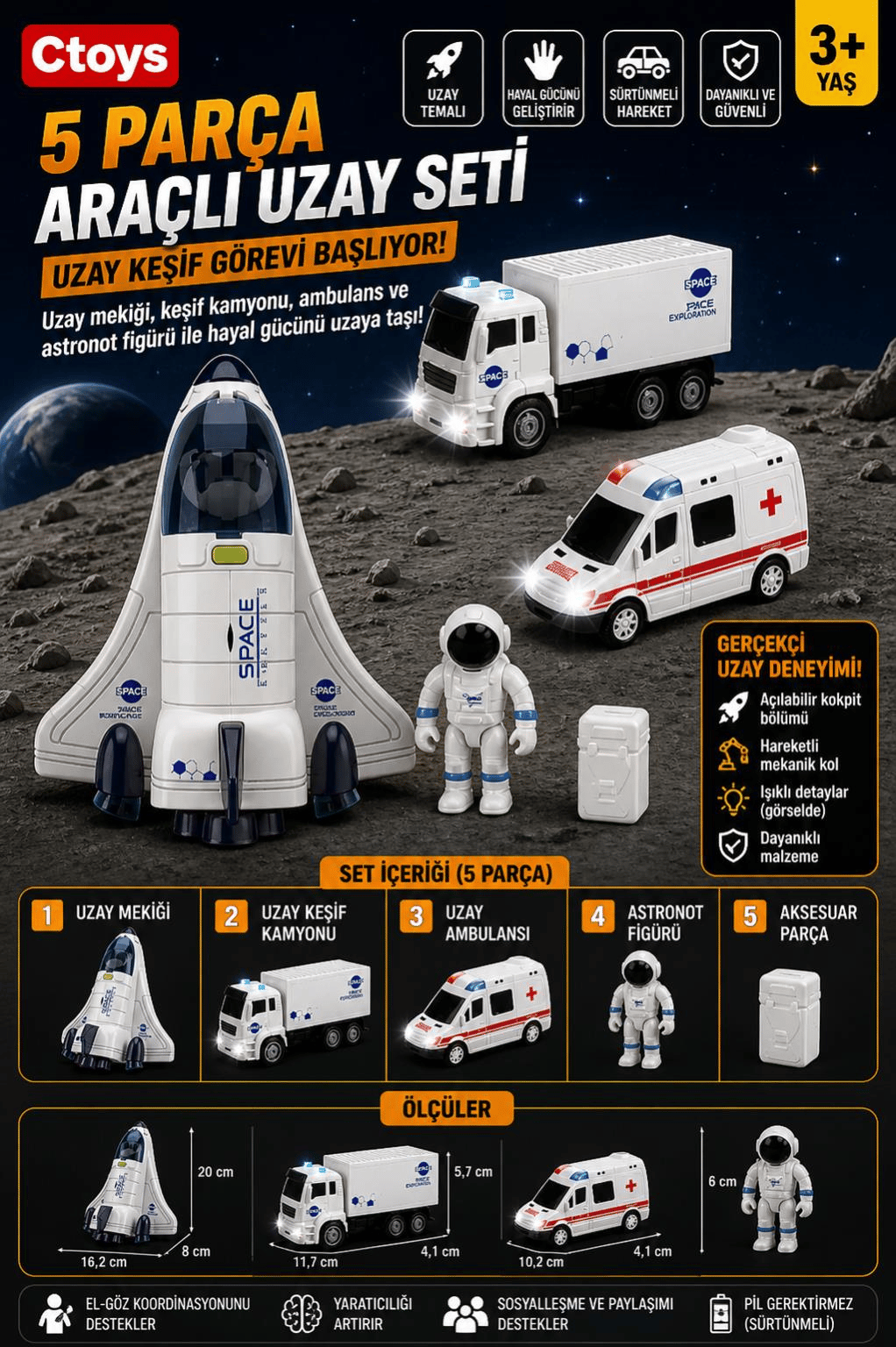 CTOY 5 Parça Araçlı Uzay Seti – Uzay Mekiği, Kamyon, Ambulans ve Astronot Oyun Seti (CTOY-261A-1)