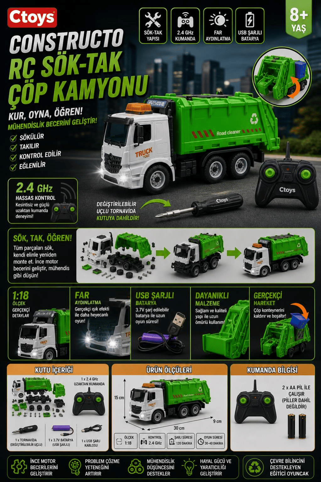 Ctoy Constructo RC Sök-Tak Çöp Kamyonu – USB Şarjlı 1:18 Mühendislik Oyuncak + 2.4 GHz Kumanda