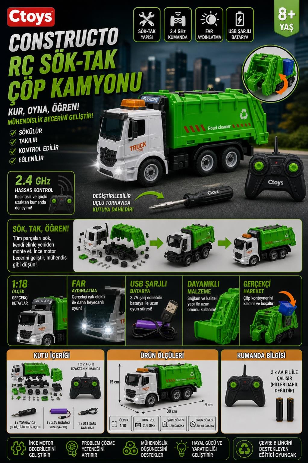 Ctoy Constructo RC Sök-Tak Çöp Kamyonu – USB Şarjlı 1:18 Mühendislik Oyuncak + 2.4 GHz Kumanda