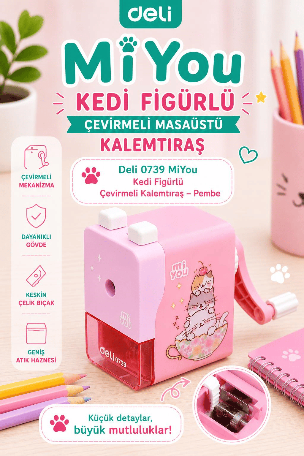 Deli 0739 MiYou Kedi Figürlü Çevirmeli Masaüstü Kalemtıraş - Pembe