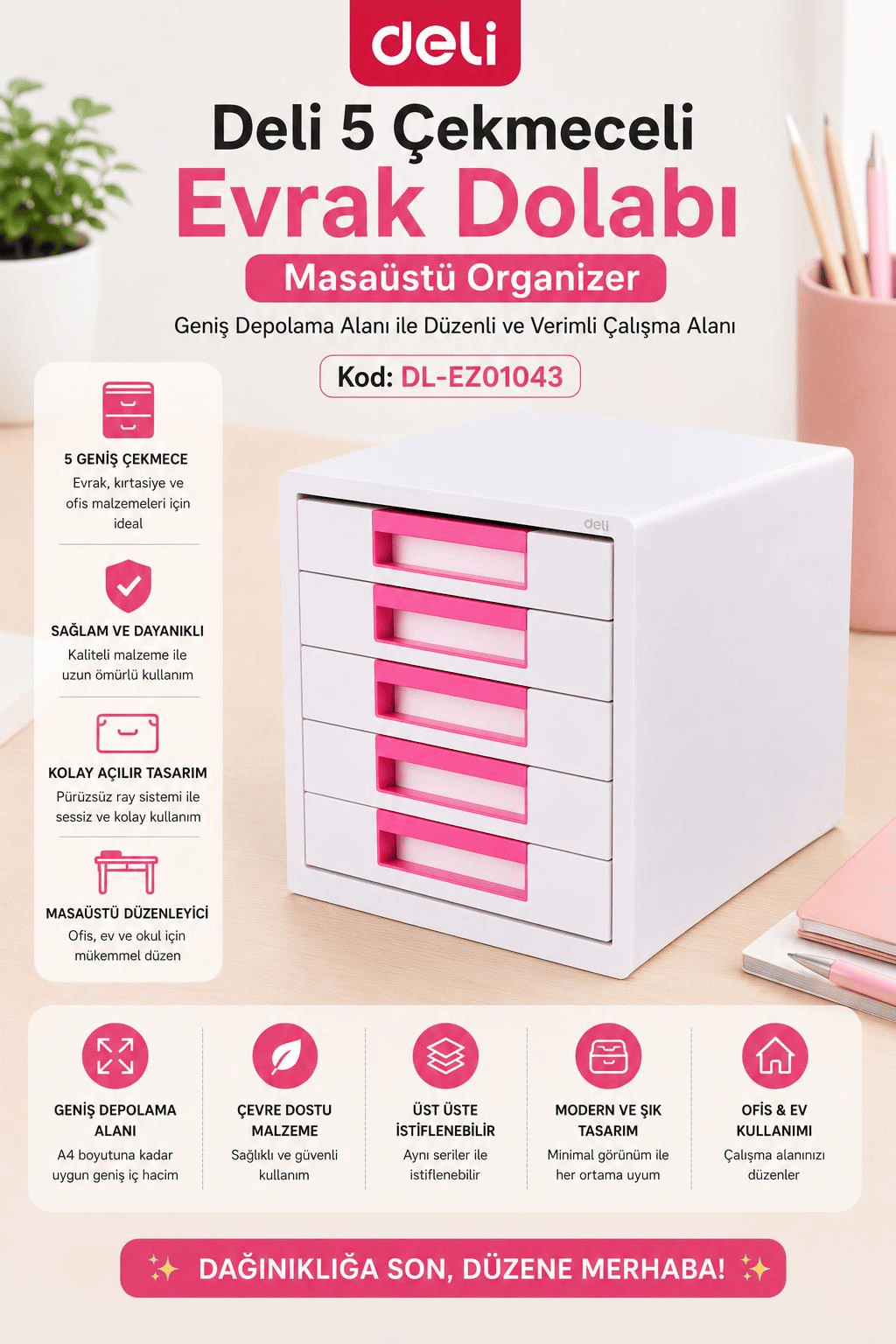 Deli 5 Çekmeceli Evrak Dolabı Pembe – Masaüstü Organizer, Geniş Depolama Alanı, Ofis ve Ev Düzenleyici