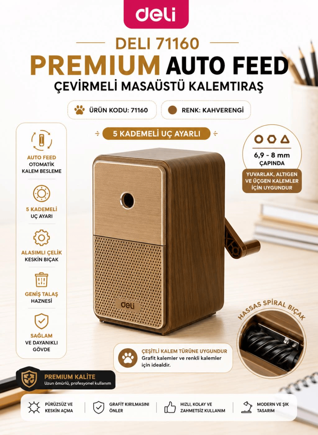 Deli 71160 Premium Auto Feed Çevirmeli Masaüstü Kalemtıraş Kahverengi | 5 Kademe Uç Ayarlı