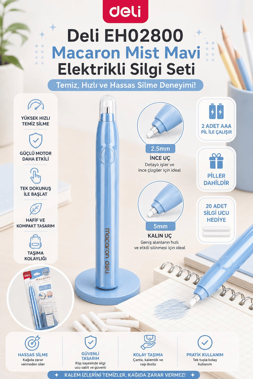 Deli EH02800 Macaron Mist Mavi Elektrikli Silgi Seti
