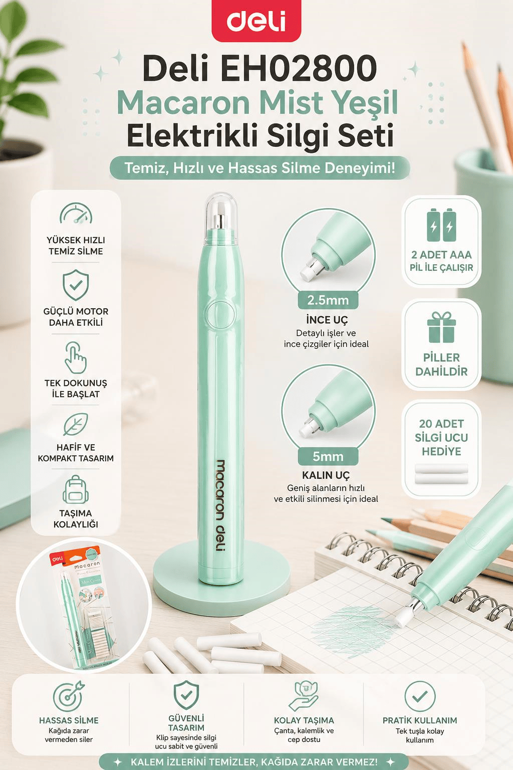 Deli EH02800 Macaron Mist Yeşil Elektrikli Silgi Seti