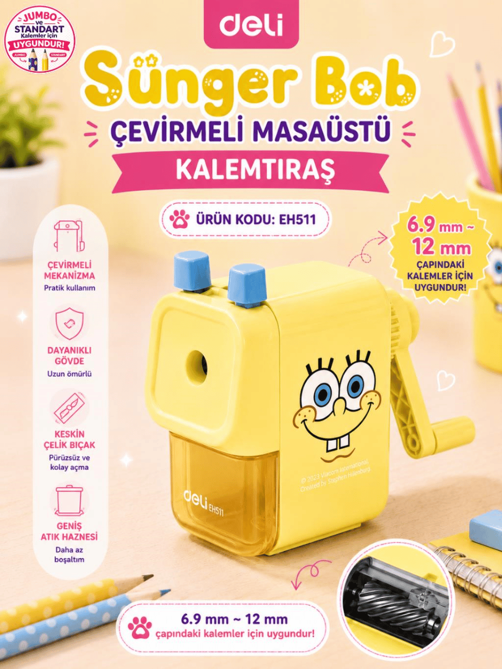 Deli EH511 SpongeBob Lisanslı Masaüstü Kalemtıraş Sarı – Jumbo ve Standart Kalem Uyumlu