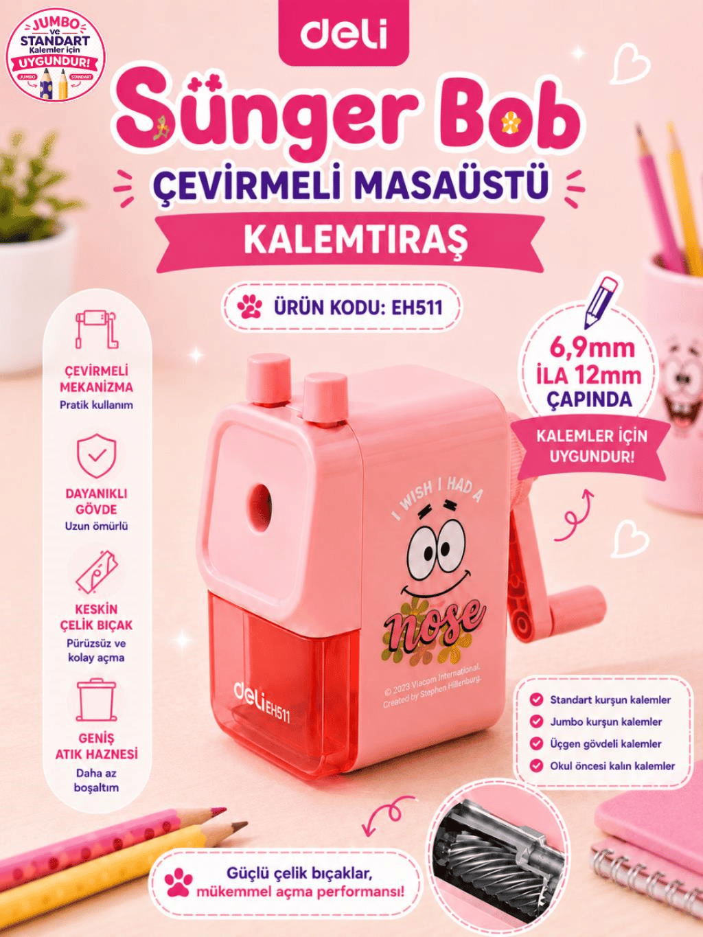 Deli EH511 SpongeBob Lisanslı Masaüstü Kalemtıraş Pembe – Jumbo ve Standart Kalem Uyumlu