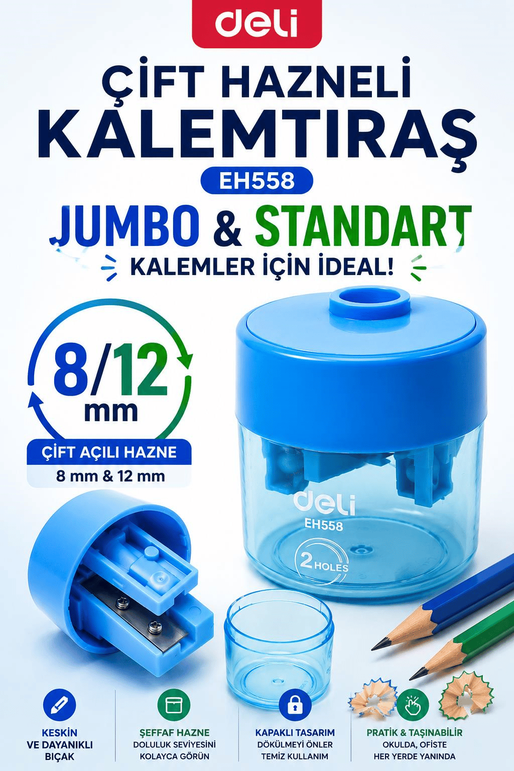 Deli EH558 Mavi Çift Hazneli Kalemtıraş – Jumbo & Standart Kalemler İçin