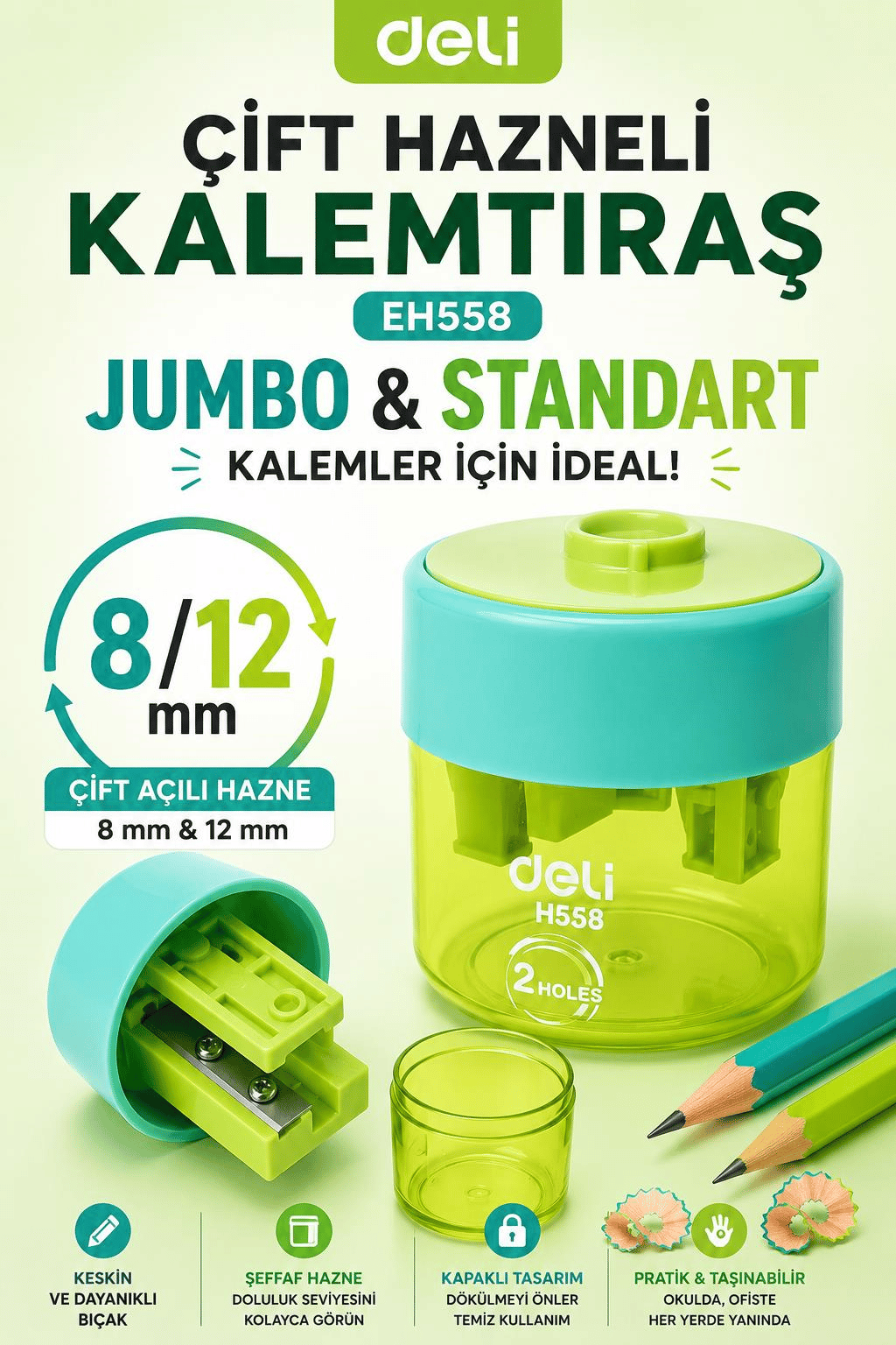 Deli EH558 Mint Yeşil Çift Hazneli Kalemtıraş – Jumbo & Standart Kalemler İçin