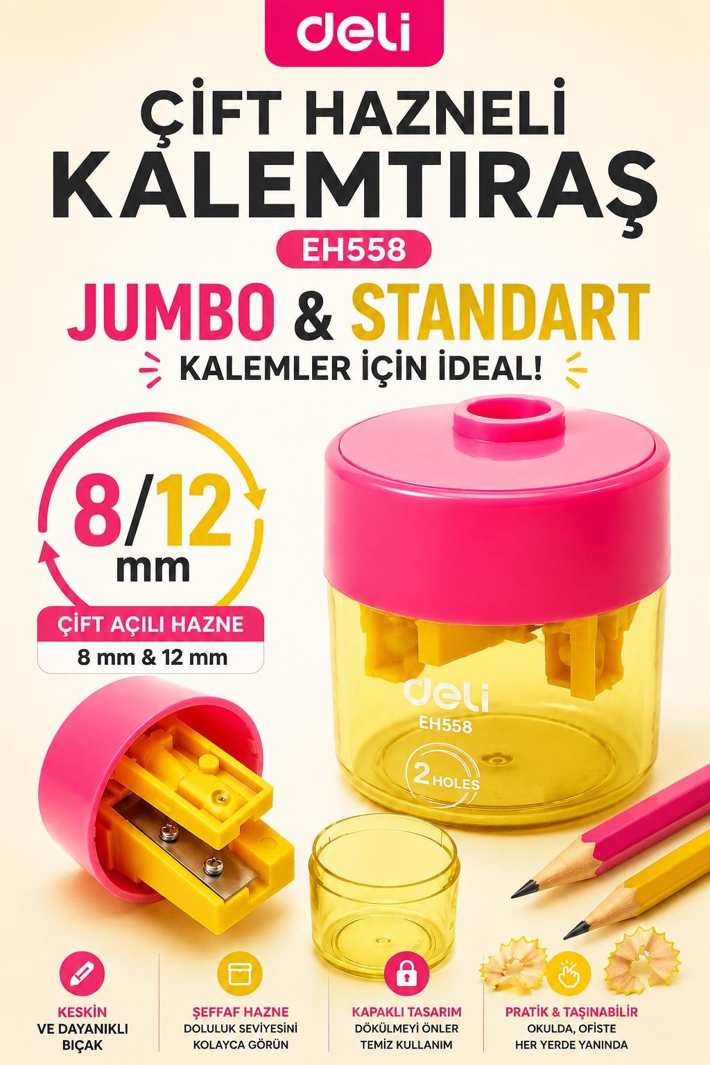Deli EH558 Sarı Pembe Çift Hazneli Kalemtıraş – Jumbo & Standart Kalemler İçin