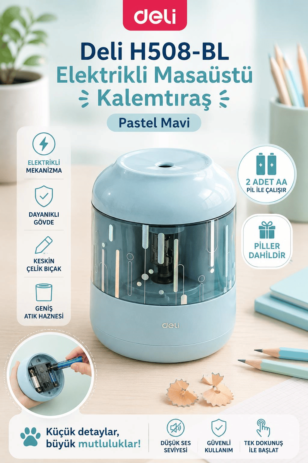 Deli H508-BL Elektrikli Masaüstü Kalemtıraş Pastel Mavi