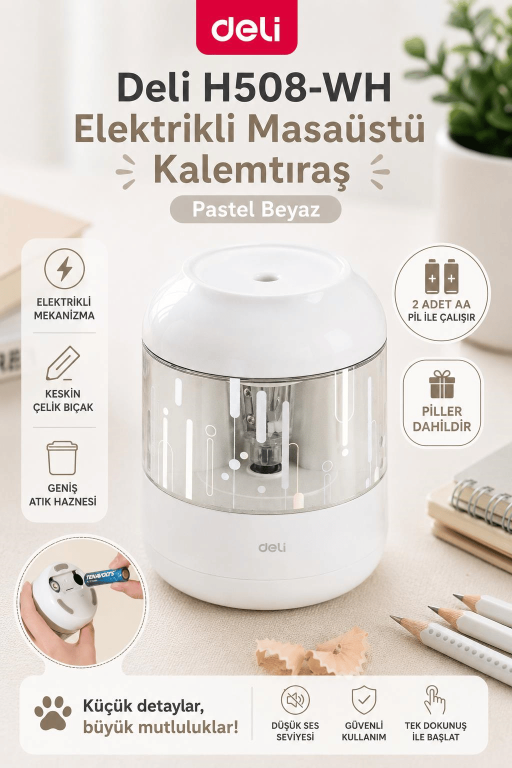 Deli H508-WH Elektrikli Masaüstü Kalemtıraş Pastel Beyaz