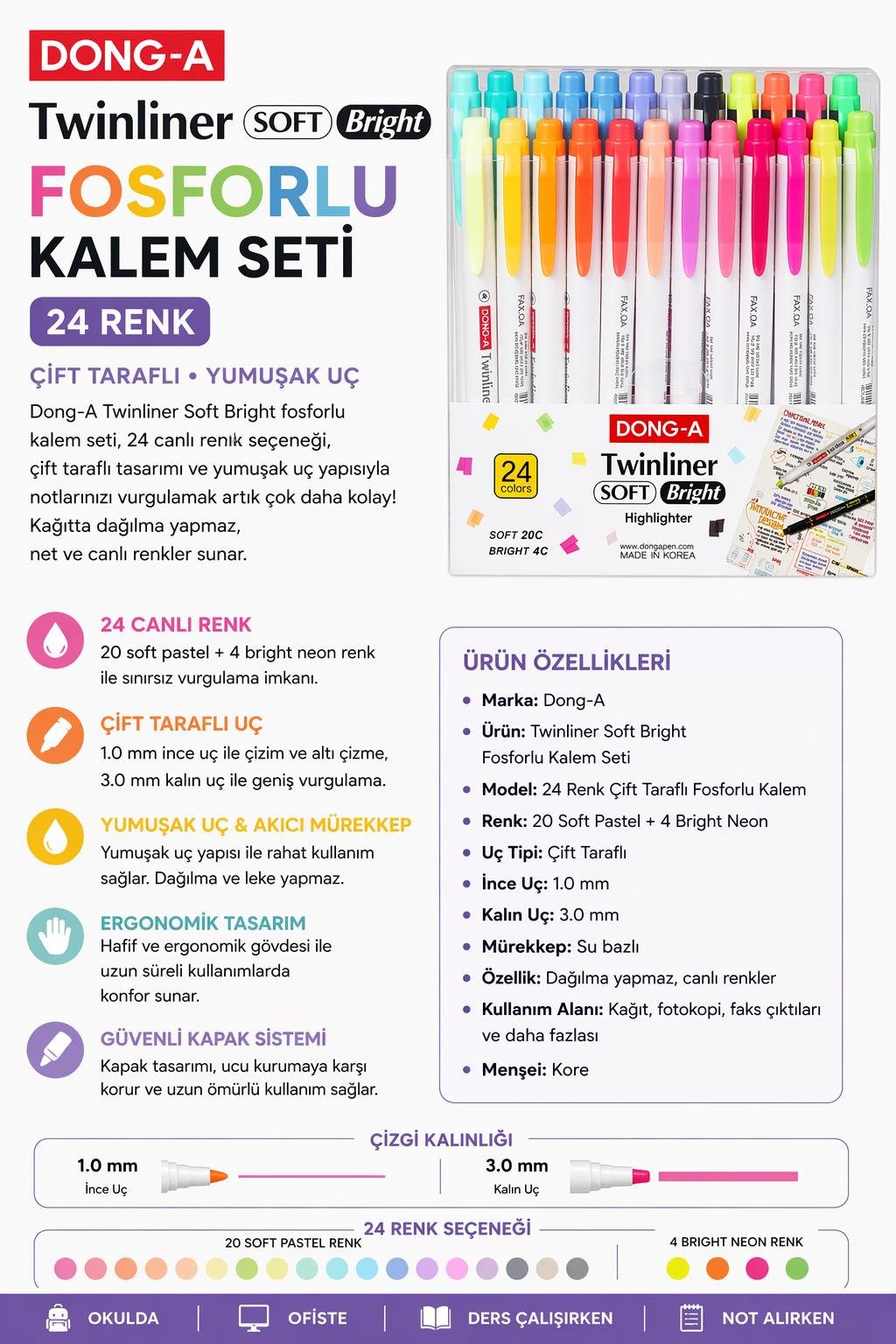 Dong-A Twinliner Soft Bright 24 Renk Çift Taraflı Fosforlu Kalem