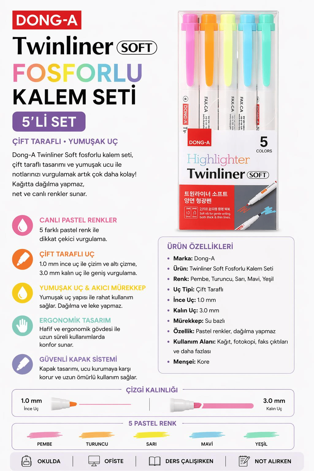 Dong-A Twinliner Soft Fosforlu Kalem Çift Taraflı 5 li Set