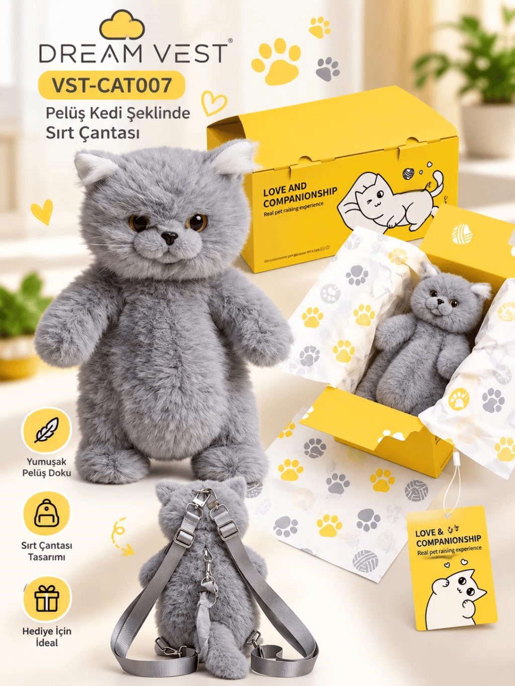 Dream Vest Pelüş Kedi Şeklinde Sırt Çantası VST-CAT007